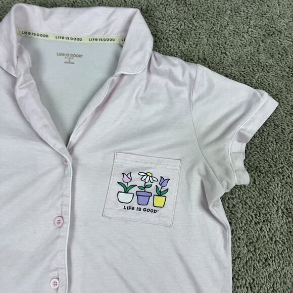 Life Is Good Top Womens S Pink Sleep Shirt Flower Pots Button Front Pajamas READ - Picture 3 of 11